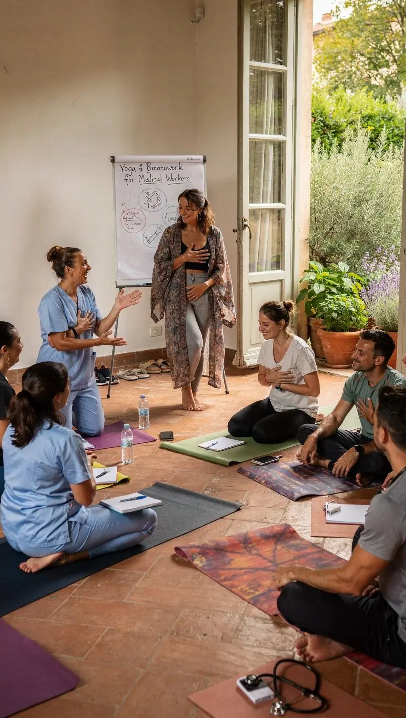 Gruppo di persone che praticano yoga insieme, coordinando il respiro con il movimento.