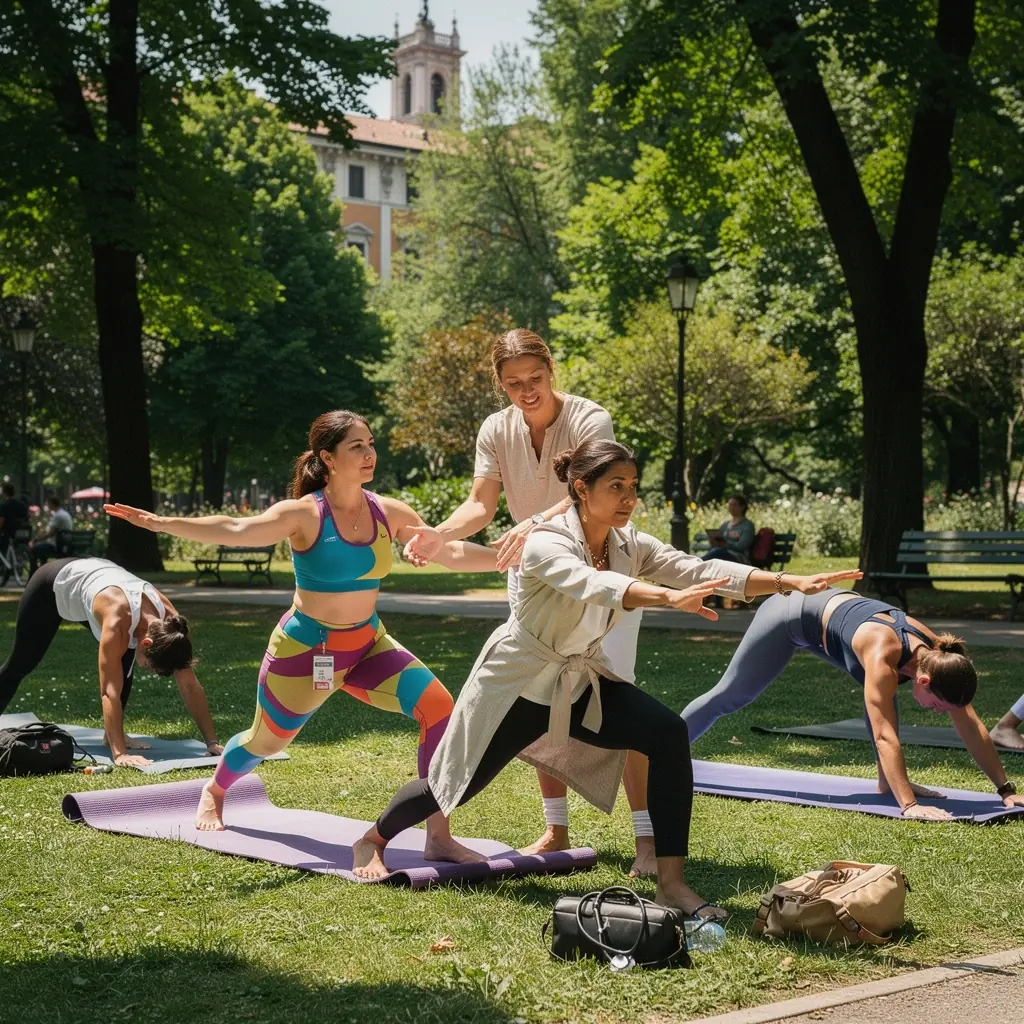 Allievi che praticano tecniche di respirazione profonda durante una sessione di yoga.