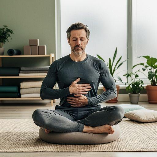 Insegnante di yoga che guida una sessione con musica rilassante in sottofondo.